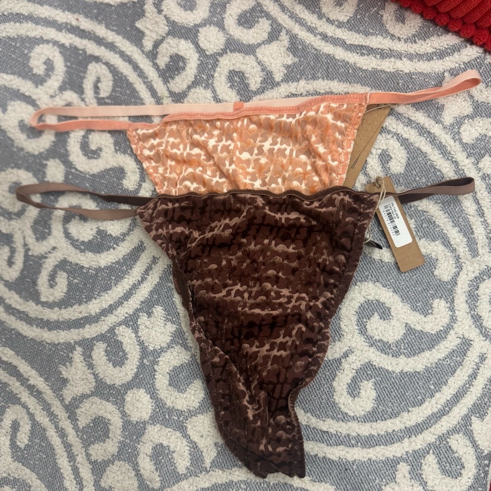 Skims Size 2X Bundle Velvet Logo T-String Thong Chestnut & Peach Panties Thongs